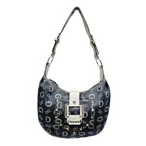 VTG GUESS Monogram Canvas Hobo Bag Y2K Blue Silver Studded Buckle Shoulder Purse